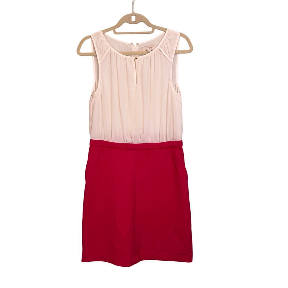 Ann Taylor Loft Mini Shift Dress 6 White Pink Two-Tone Keyhole Button Sleeveless